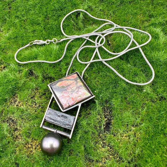 Ammolite Pendant Sterling Silver Necklace | Black Tourmaline? Black Pearl Signed - Picture 4 of 13